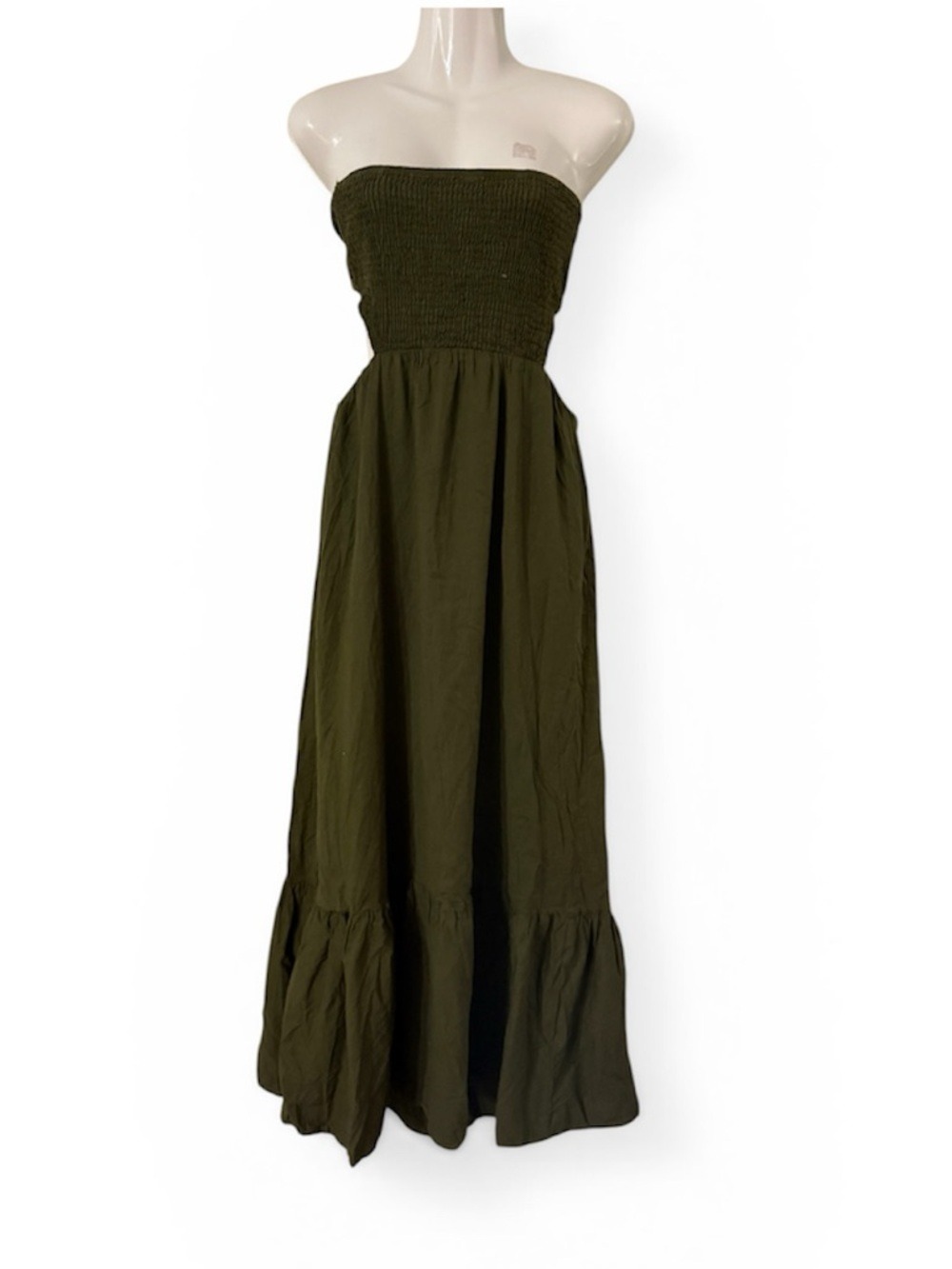 Zara Olive Green Strapless Maxi Dress Smocked Linen Blend Summer Vacation Small